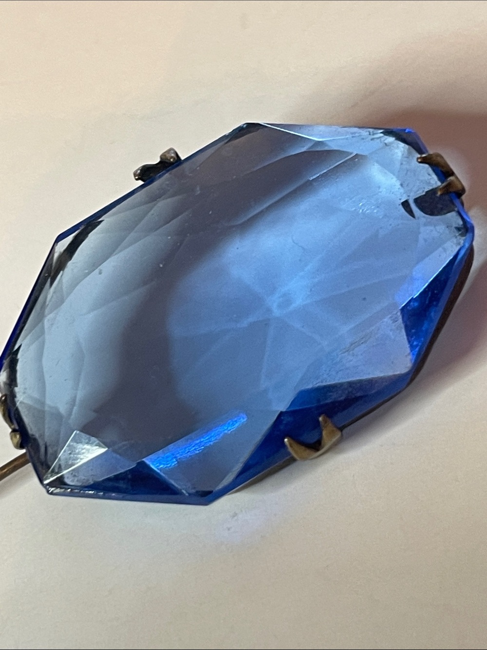 Antique Blue Multi Faceted Geometric Design Prong - set Czech Glass Brooch